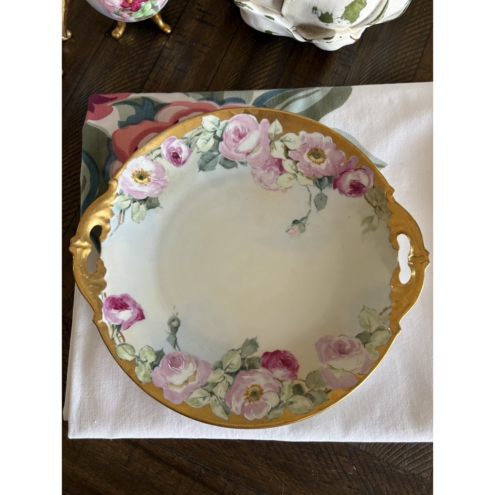 VTG MZ Austria Hand Painted Roses Porcelain Cake Plate Gold Handles Limoges Like